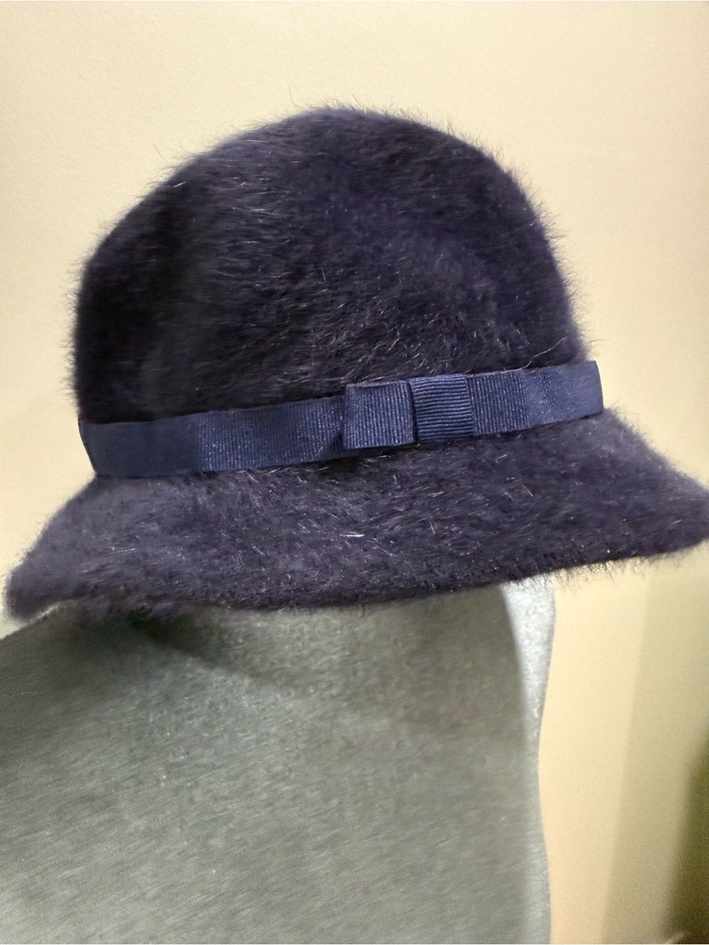 Jennifer Moore Vintage 90s Navy Fuzzy Bucket Hat with Ribbon